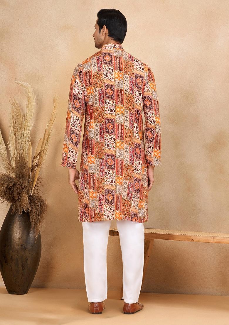 Orange Ethnic Motif Rayon Silk Kurta For Men