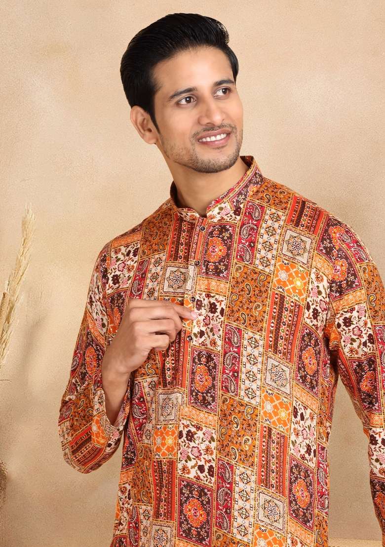Orange Ethnic Motif Rayon Silk Kurta For Men - Indya