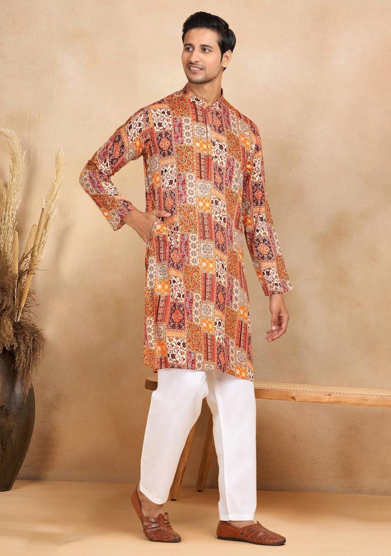 Orange Ethnic Motif Rayon Silk Kurta For Men