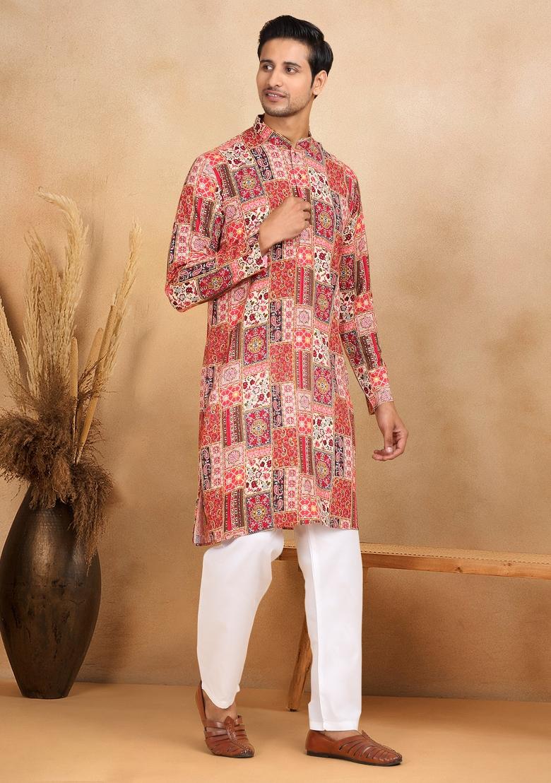 Red Ethnic Motif Rayon Silk Kurta For Men