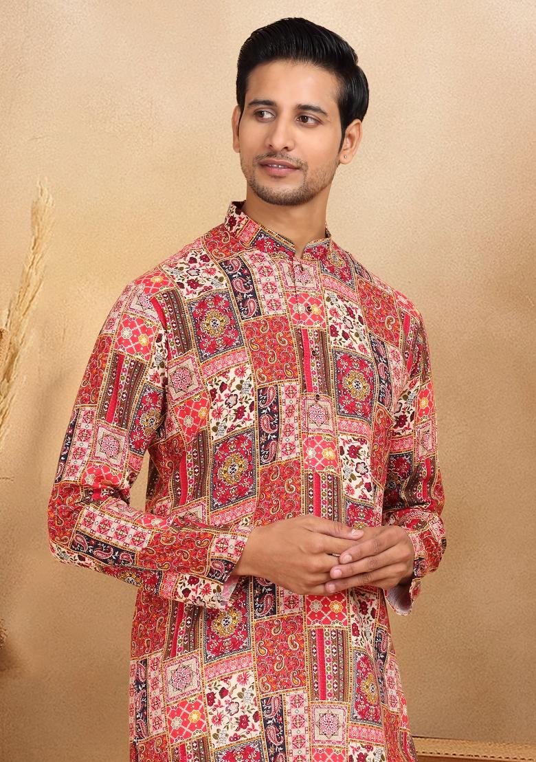 Red Ethnic Motif Rayon Silk Kurta For Men