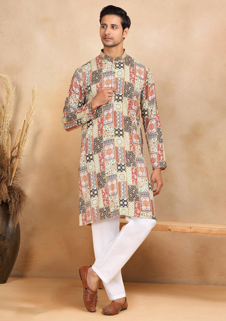 Yellow Ethnic Motif Rayon Silk Kurta For Men