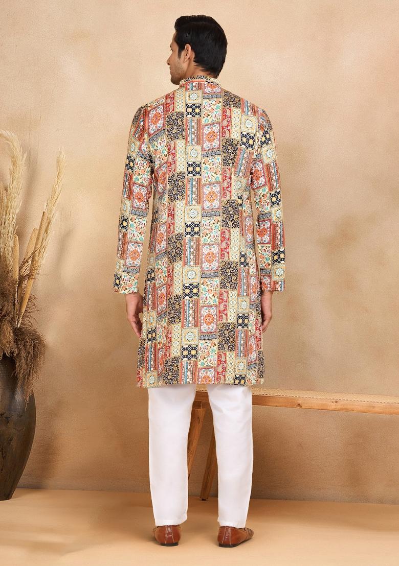 Yellow Ethnic Motif Rayon Silk Kurta For Men