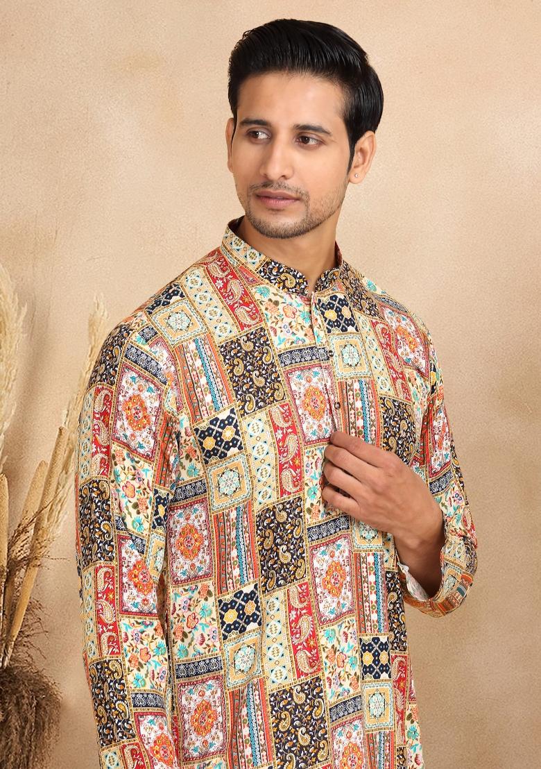 Yellow Ethnic Motif Rayon Silk Kurta For Men