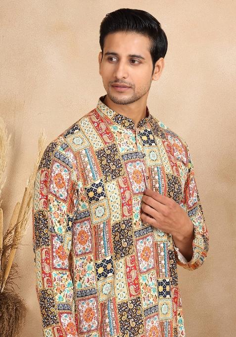Yellow Ethnic Motif Rayon Silk Kurta For Men