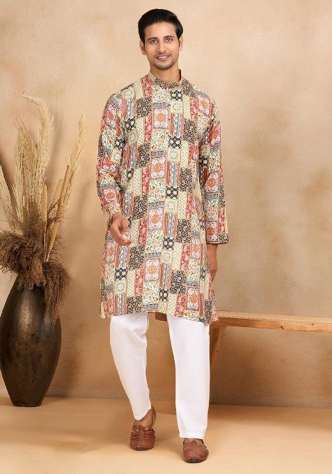 Yellow Ethnic Motif Rayon Silk Kurta For Men