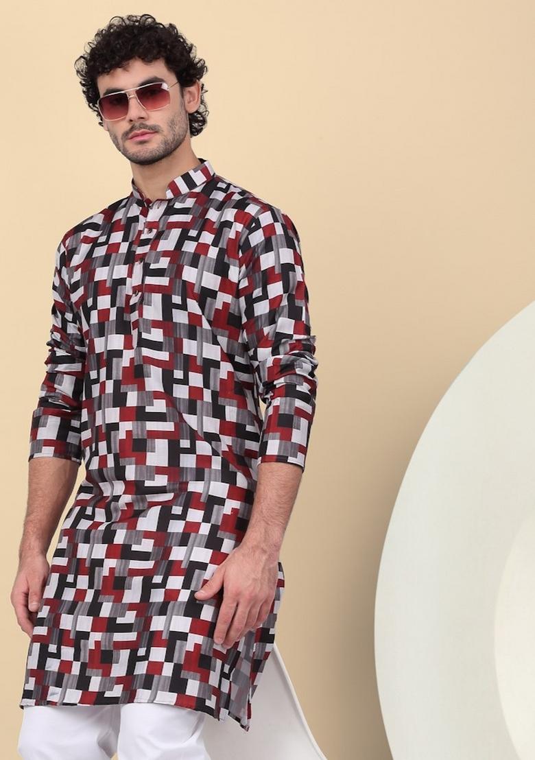 Maroon Printed Cotton Kurta For Men