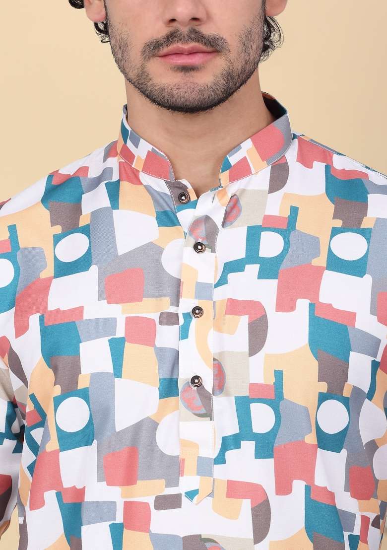Peach Printed Cotton Kurta For Men - Indya