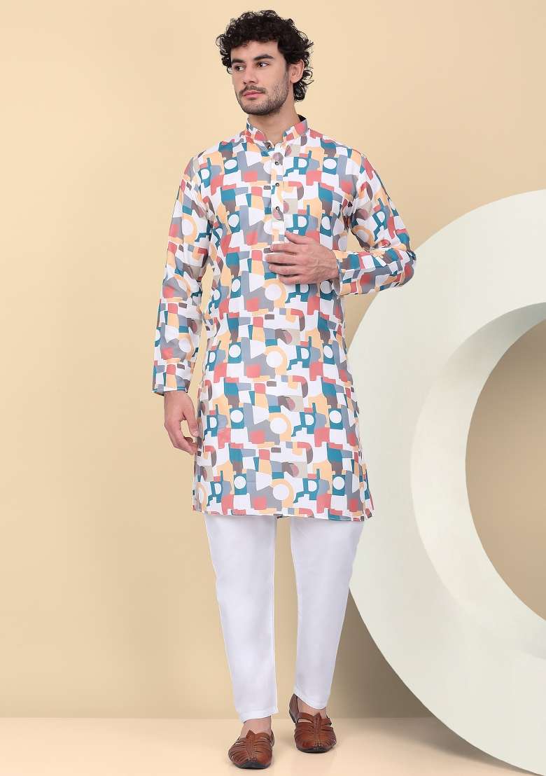 Peach Printed Cotton Kurta For Men - Indya