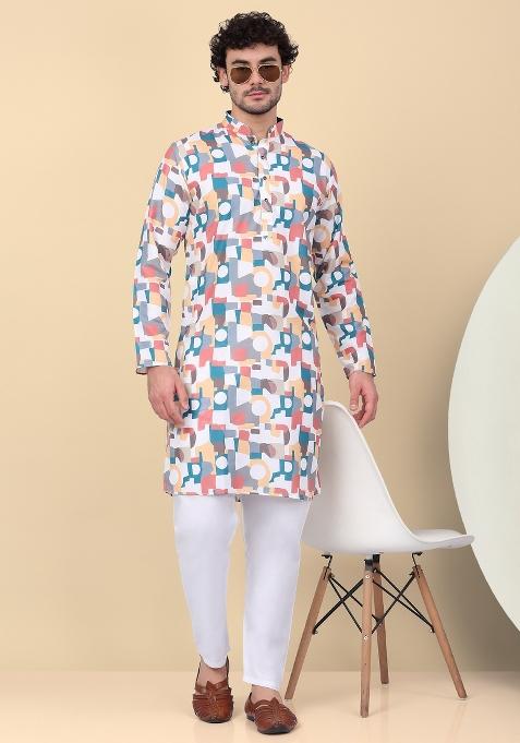 Peach Printed Cotton Kurta For Men