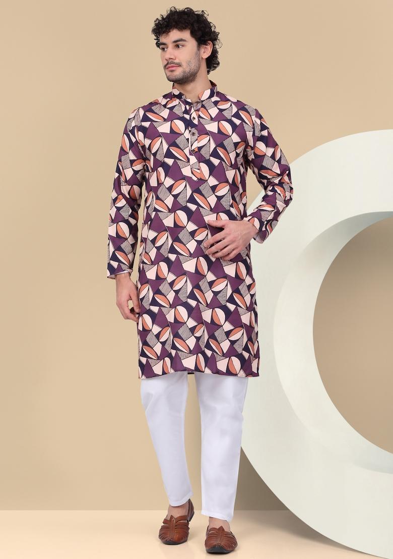 Purple Printed Cotton Kurta For Men