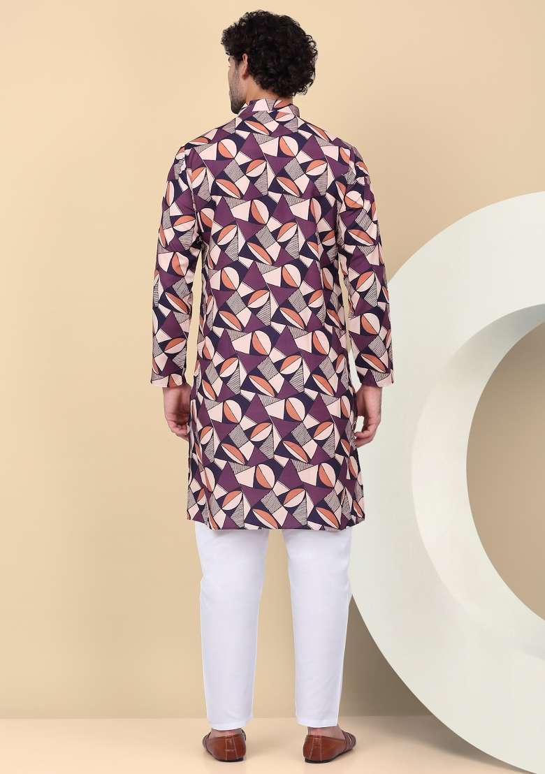 Purple Printed Cotton Kurta For Men - Indya