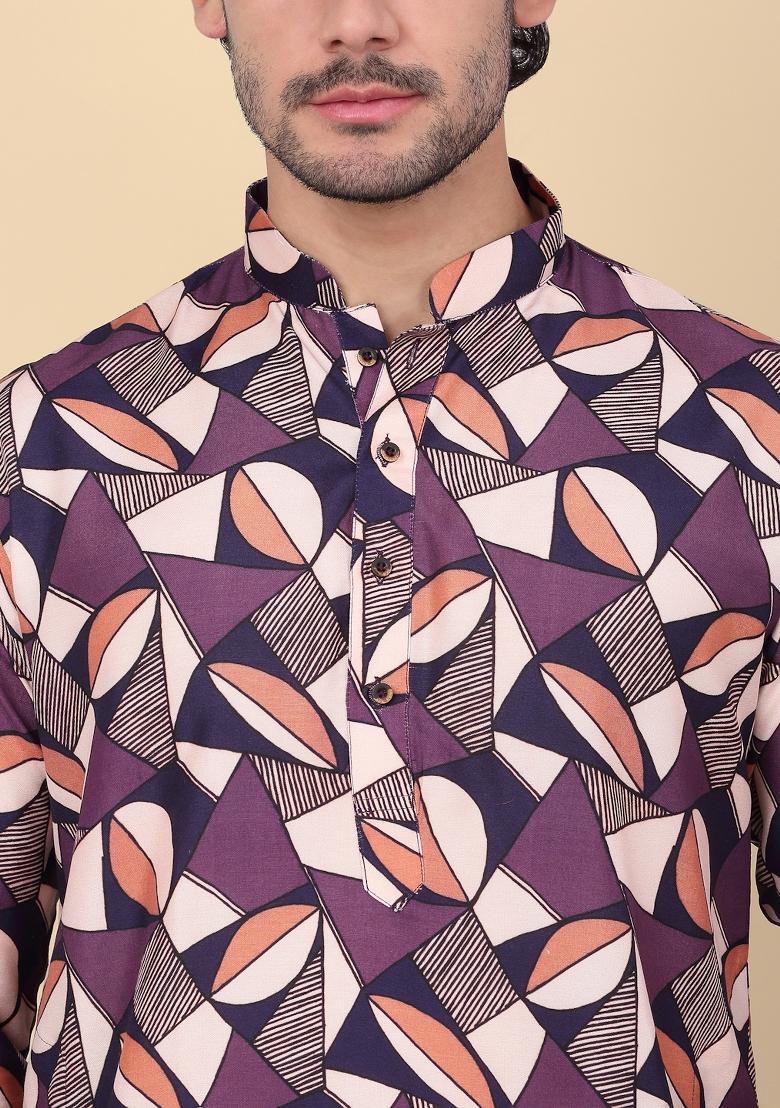 Purple Printed Cotton Kurta For Men