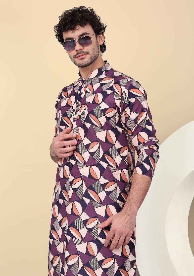 Purple Printed Cotton Kurta For Men - Indya