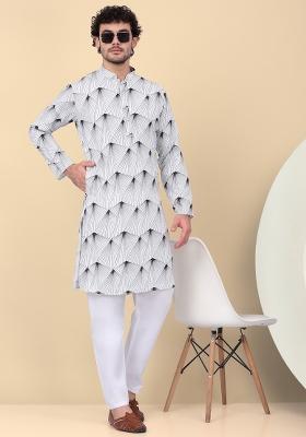 White Printed Cotton Kurta For Men