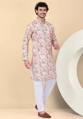 Beige Printed Linen Kurta For Men