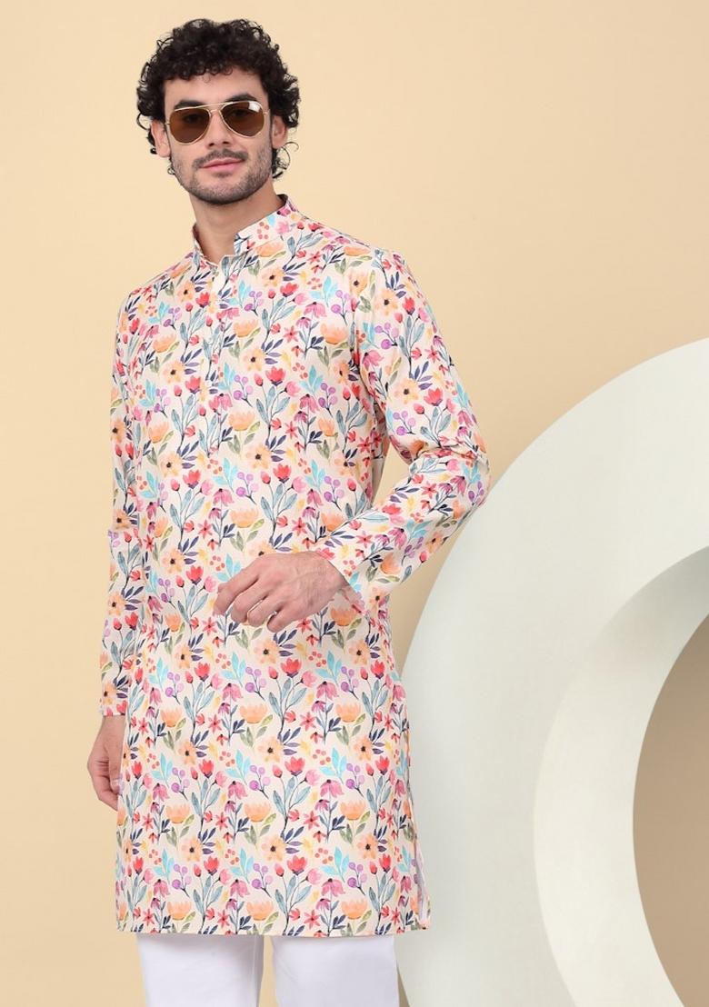 Beige Printed Linen Kurta For Men
