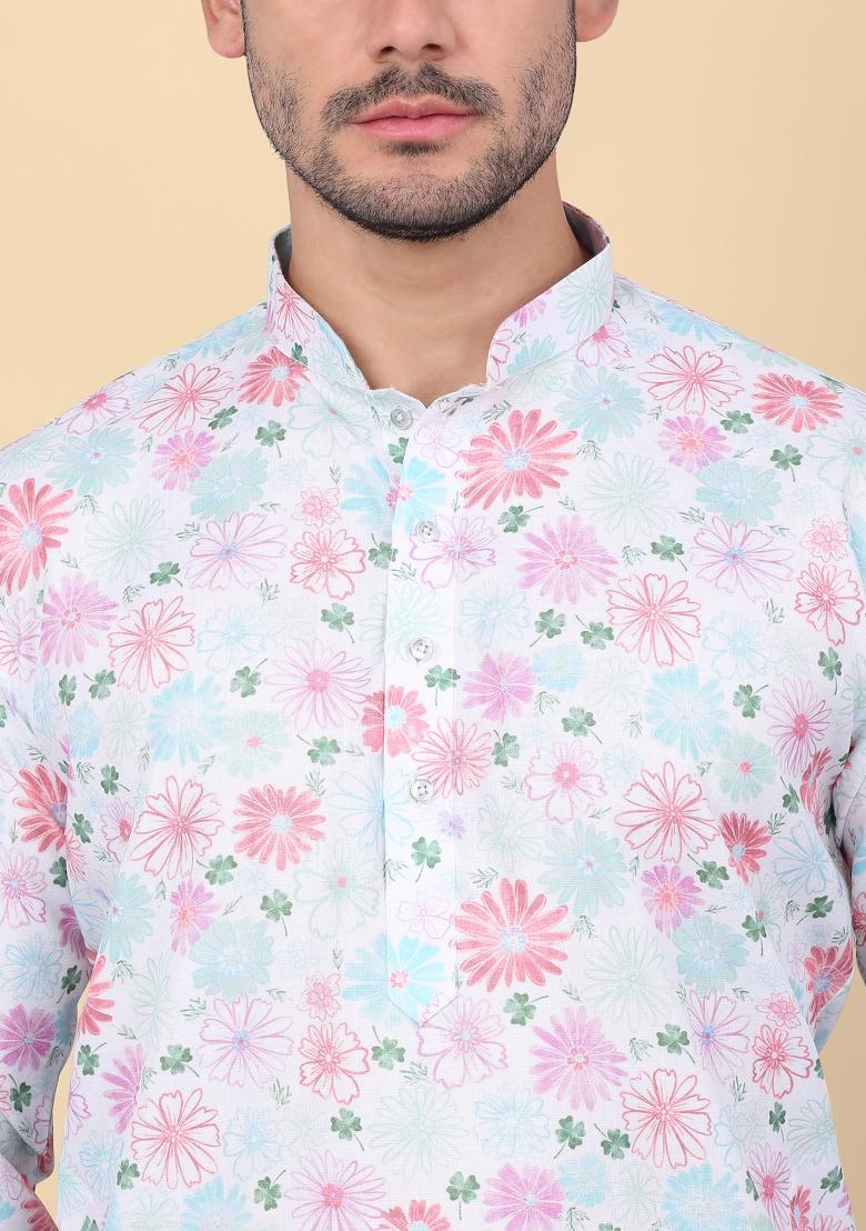 Cream Printed Linen Kurta For Men