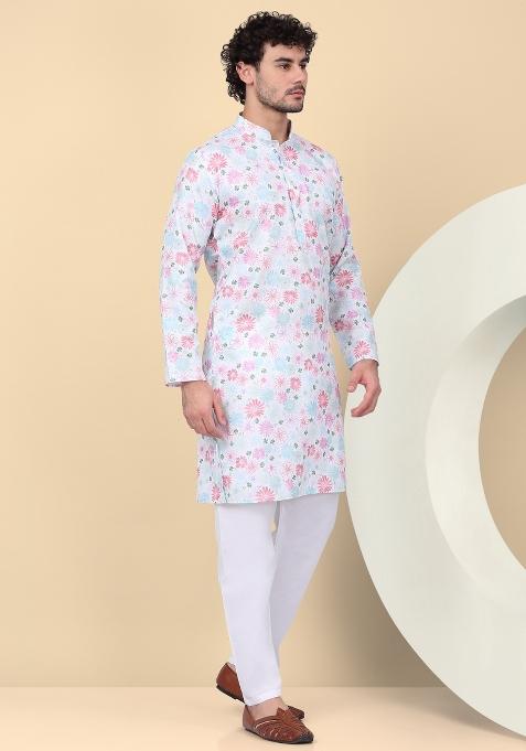 Cream Printed Linen Kurta For Men