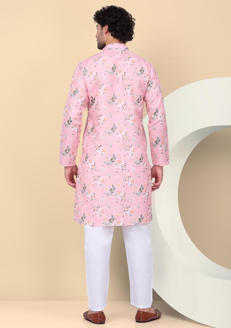 Pink Printed Linen Kurta For Men
