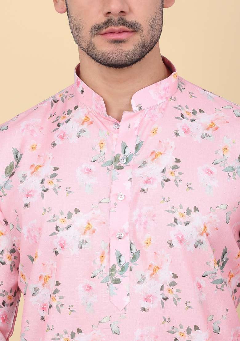 Pink Printed Linen Kurta For Men - Indya