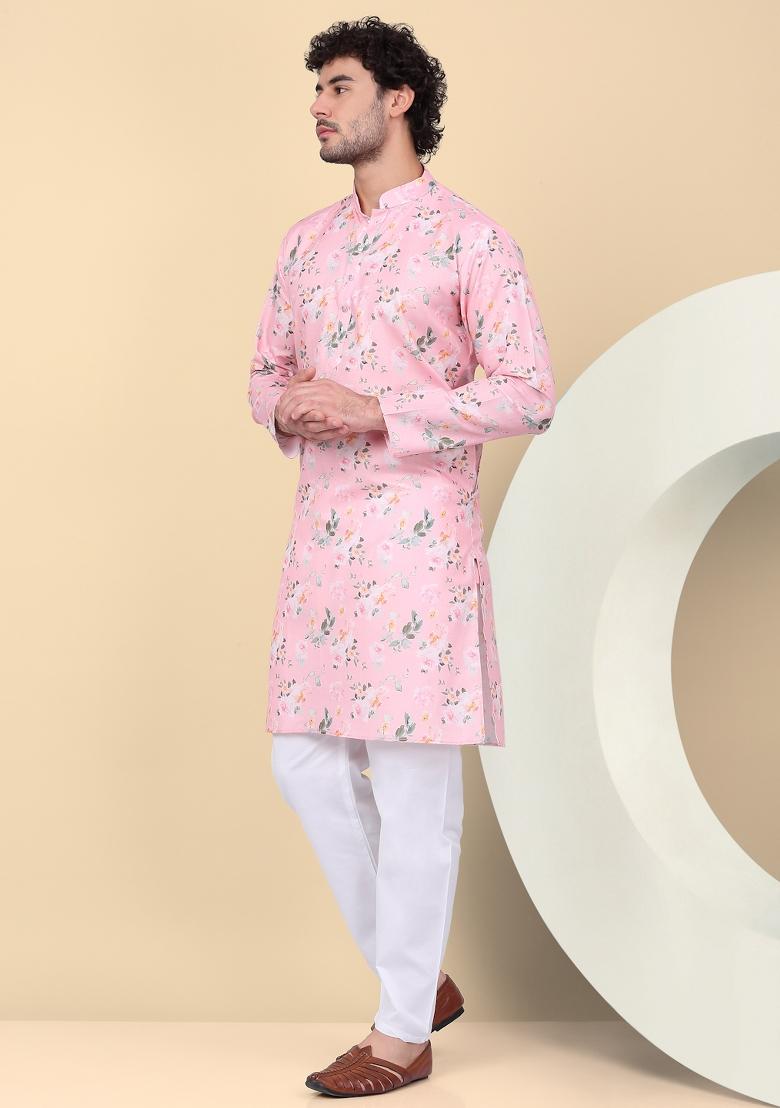 Pink Printed Linen Kurta For Men