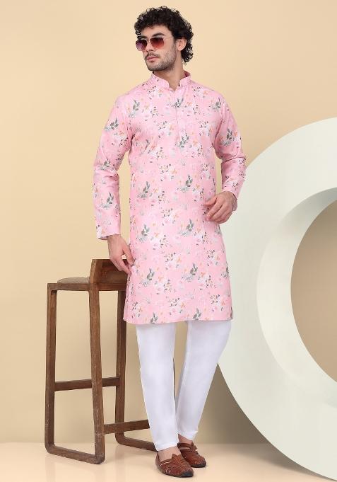 Pink Printed Linen Kurta For Men