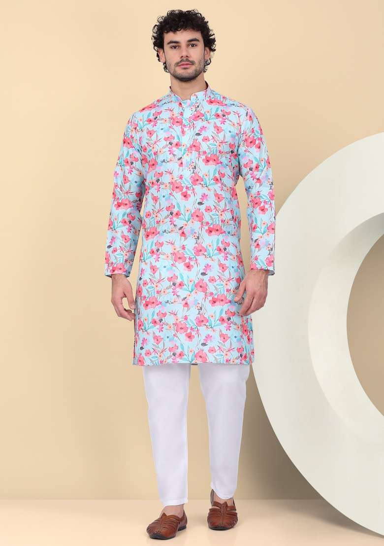 Sky Blue Printed Linen Kurta For Men - Indya
