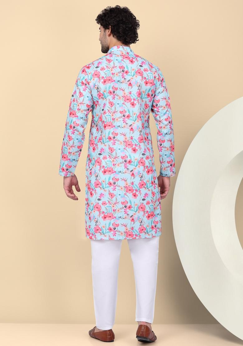 Sky Blue Printed Linen Kurta For Men