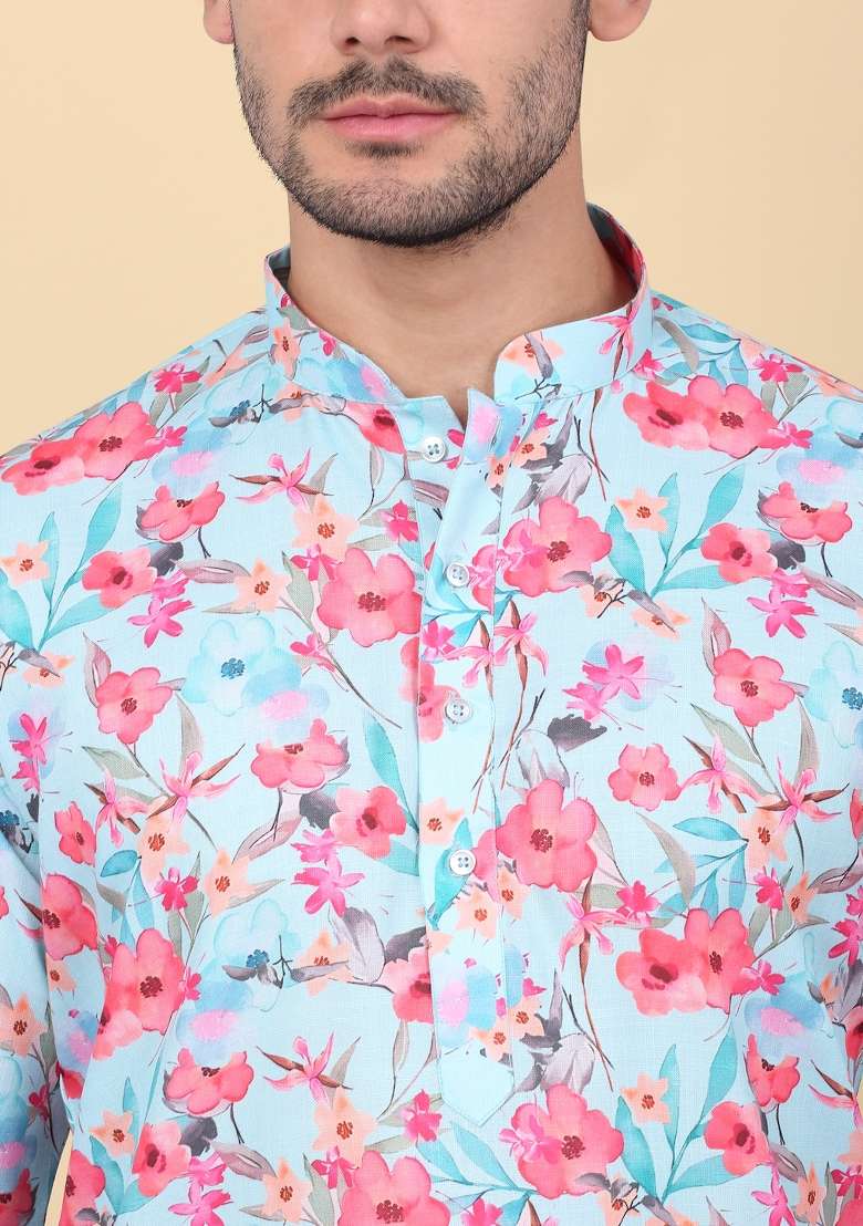 Sky Blue Printed Linen Kurta For Men - Indya