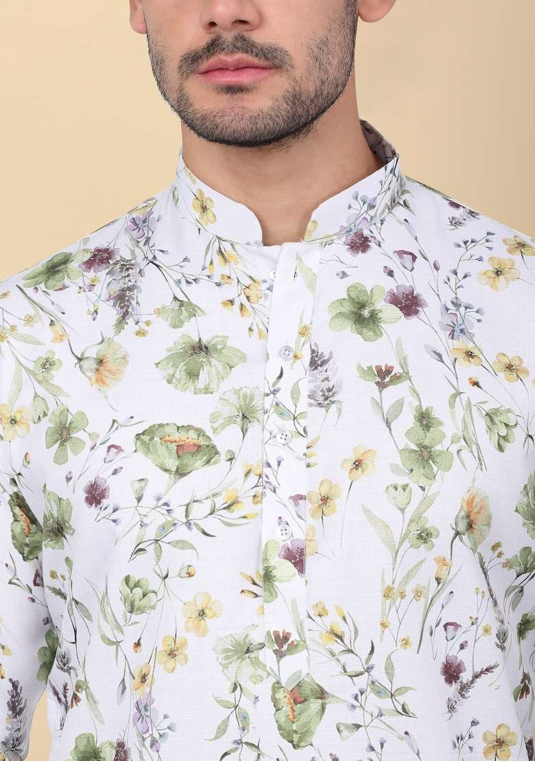 White Printed Linen Kurta For Men - Indya