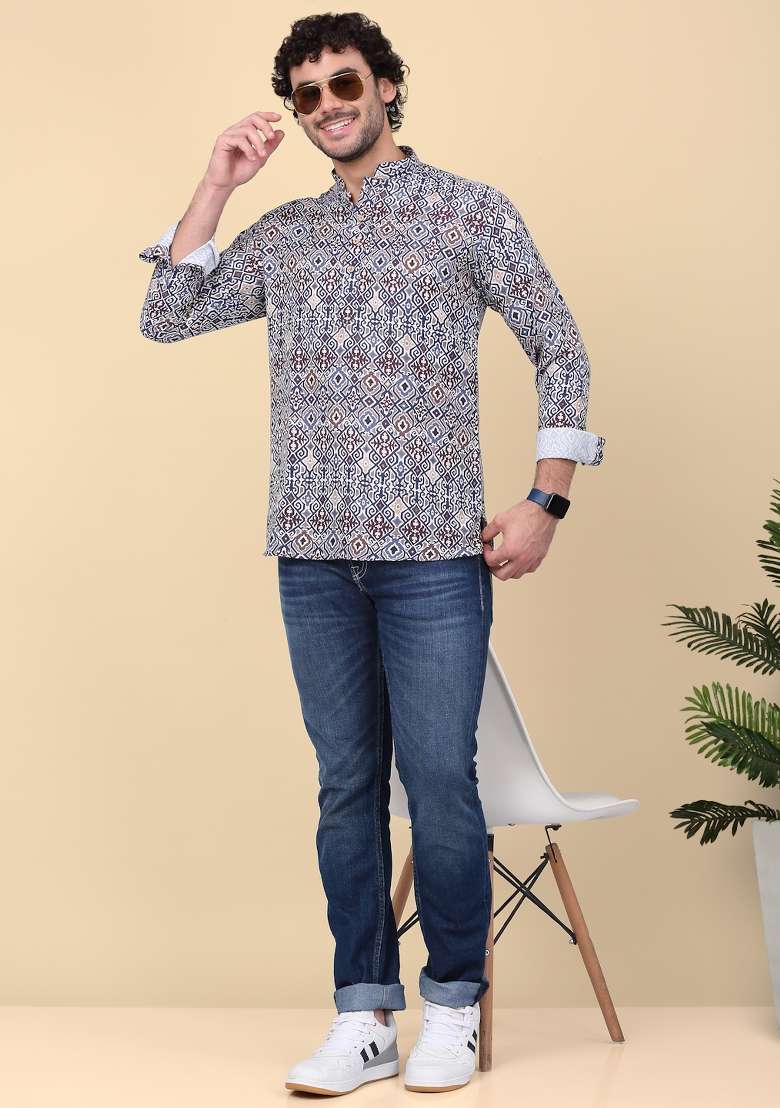 Blue Printed Cotton Kurta For Men - Indya