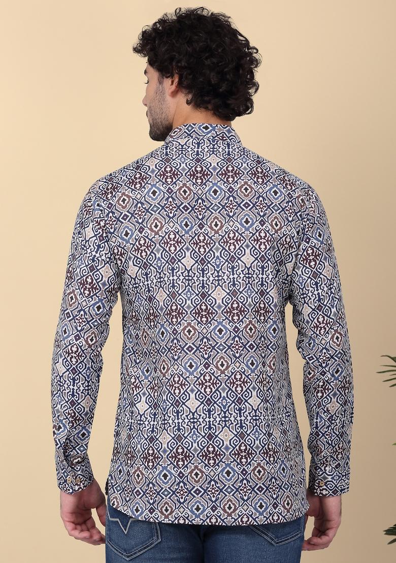 Blue Printed Cotton Kurta For Men
