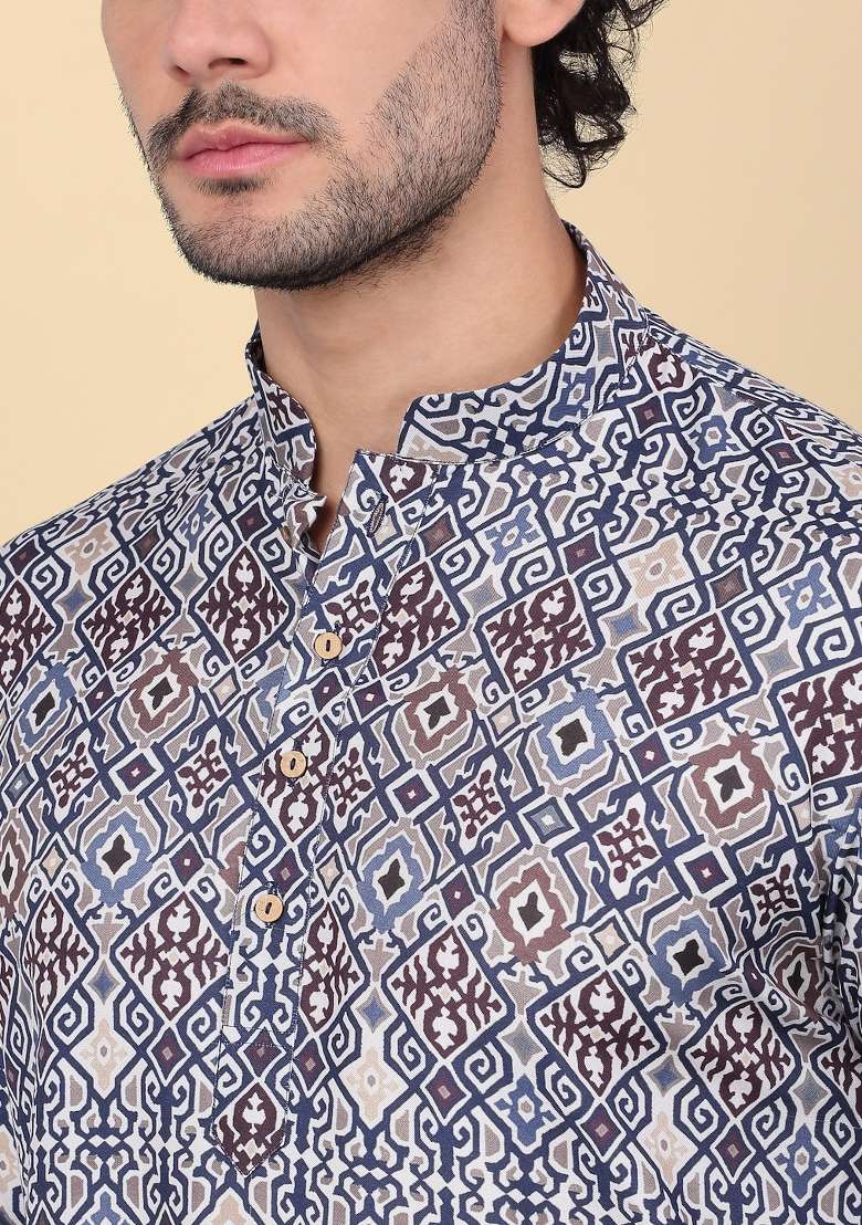Blue Printed Cotton Kurta For Men - Indya