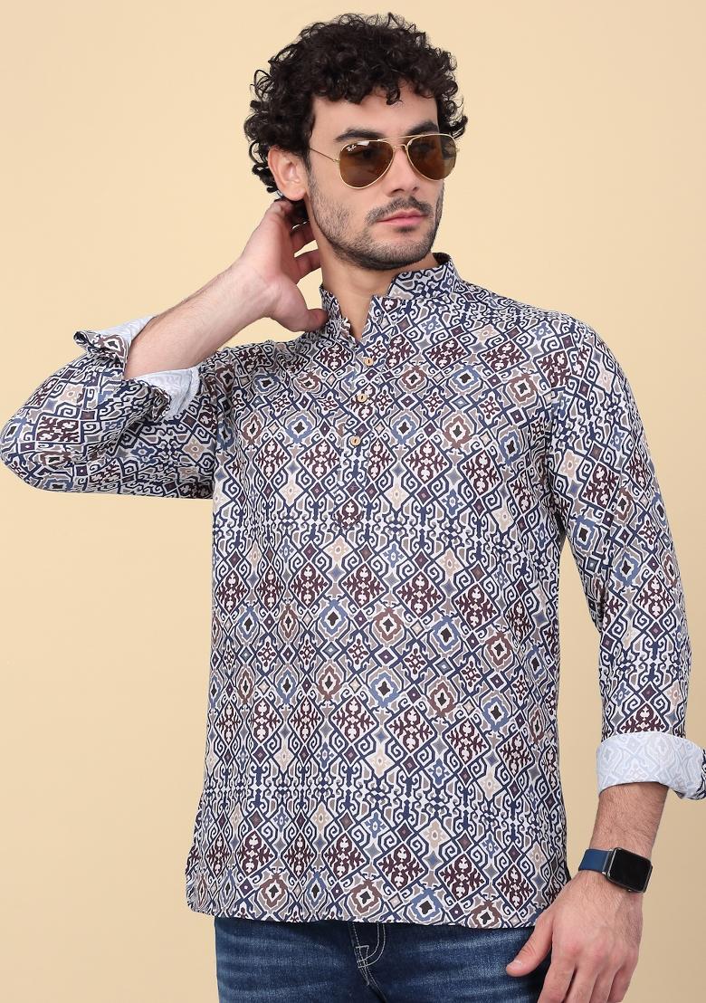 Blue Printed Cotton Kurta For Men