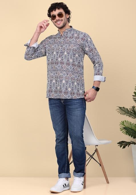 Blue Printed Cotton Kurta For Men