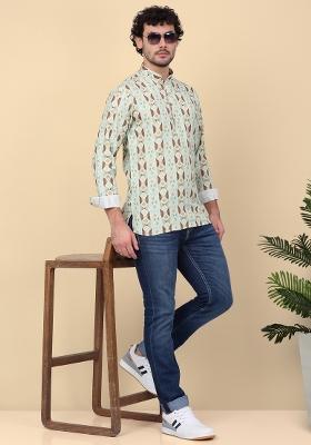 Green Printed Cotton Kurta For Men