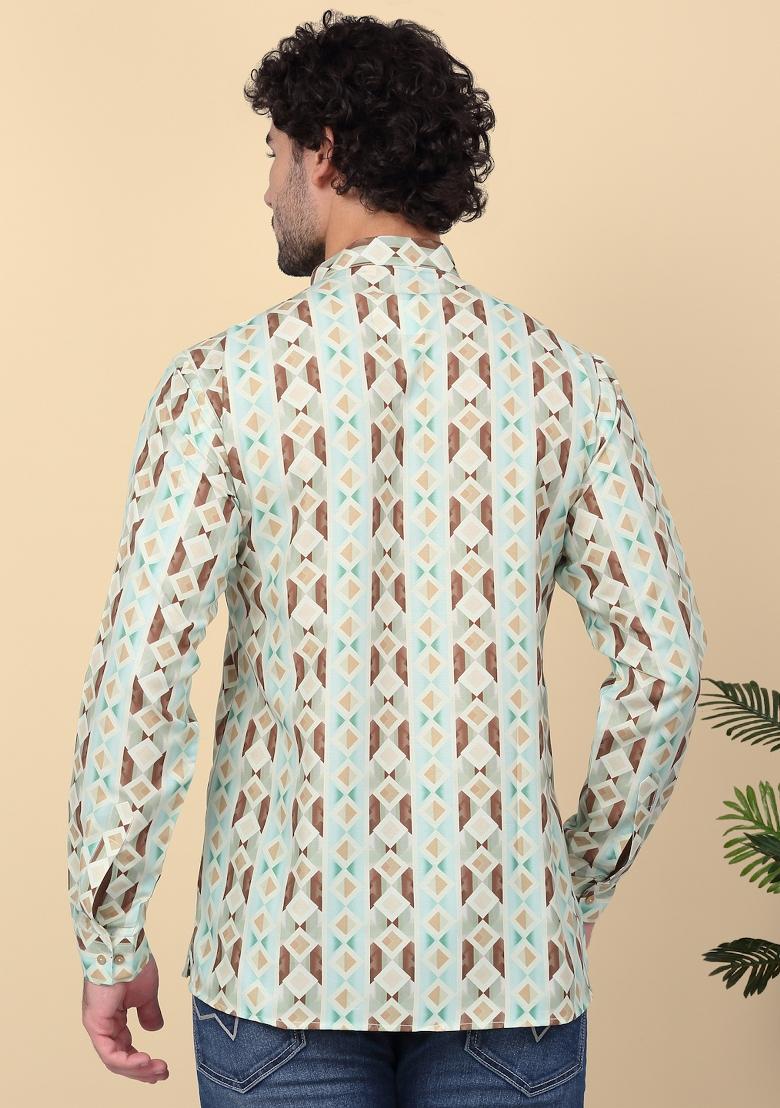 Green Printed Cotton Kurta For Men