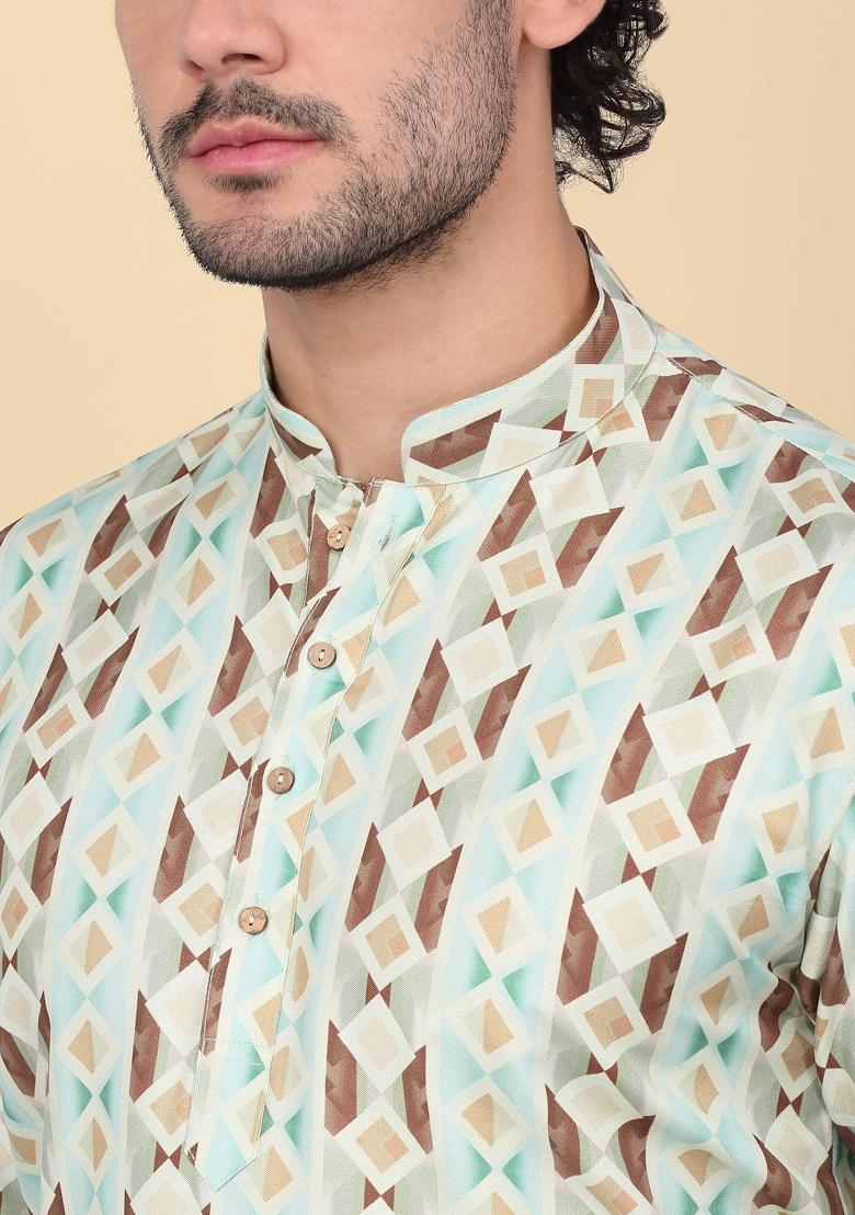 Green Printed Cotton Kurta For Men