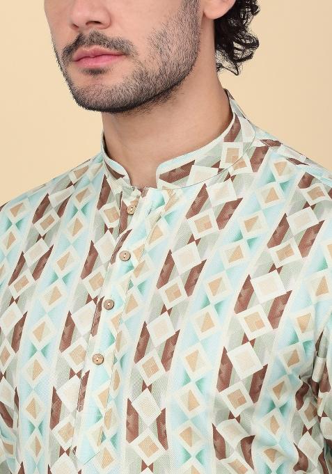 Green Printed Cotton Kurta For Men