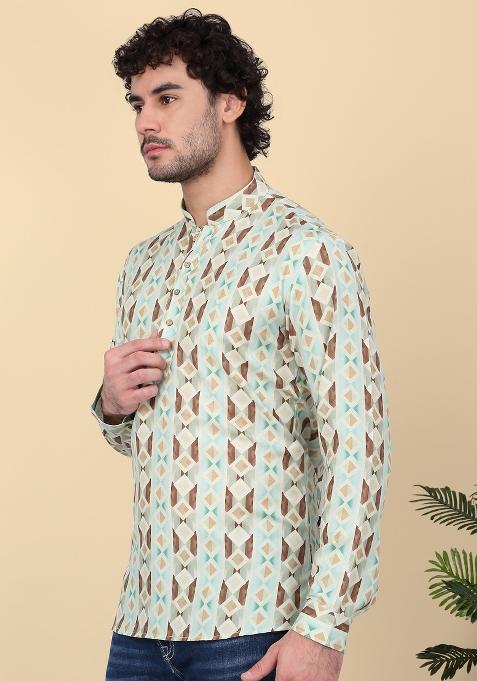 Green Printed Cotton Kurta For Men