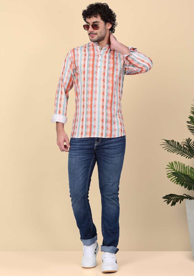 Orange Printed Cotton Kurta For Men - Indya