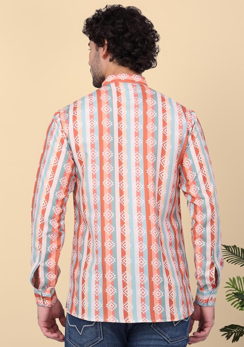 Orange Printed Cotton Kurta For Men