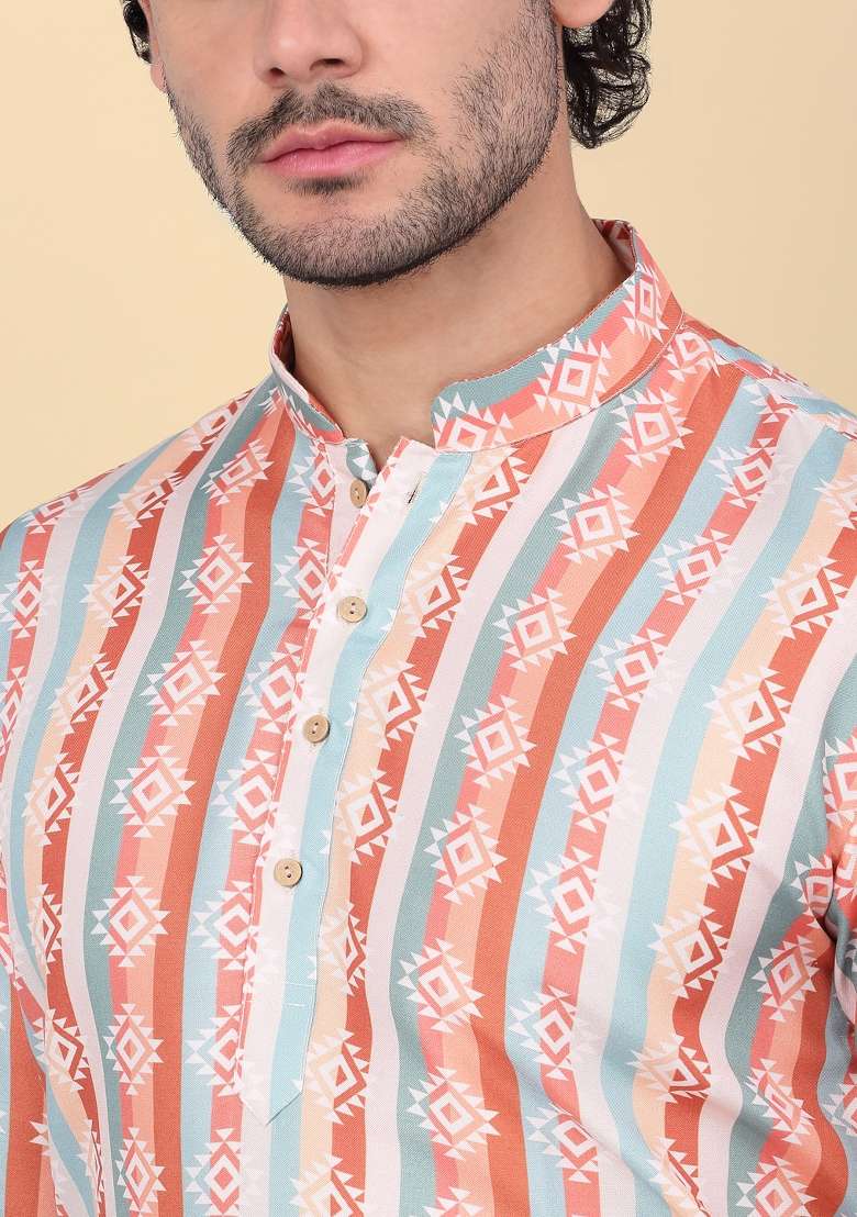 Orange Printed Cotton Kurta For Men - Indya