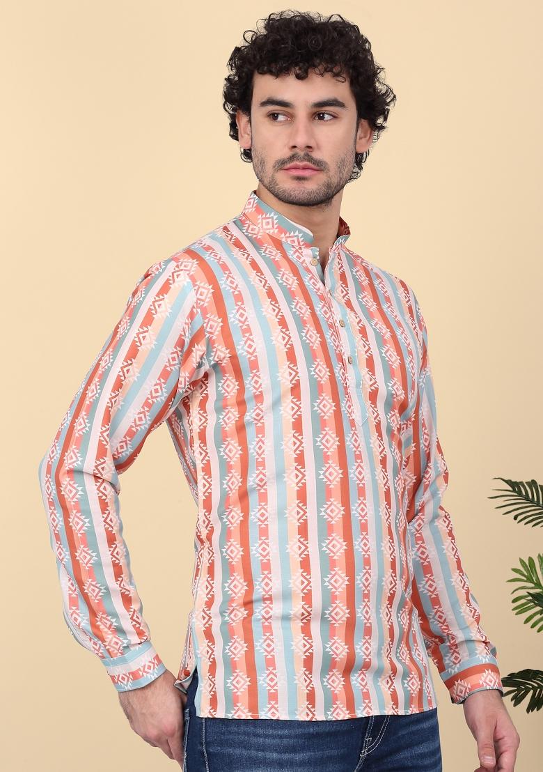 Orange Printed Cotton Kurta For Men