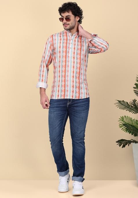 Orange Printed Cotton Kurta For Men