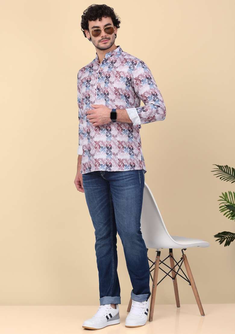 Purple Printed Cotton Kurta For Men - Indya