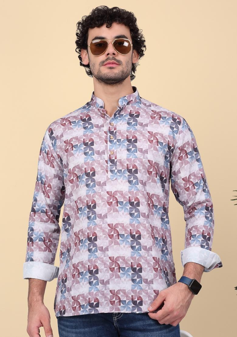Purple Printed Cotton Kurta For Men