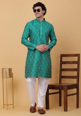 Green Woven Design Silk Blend Kurta For Men