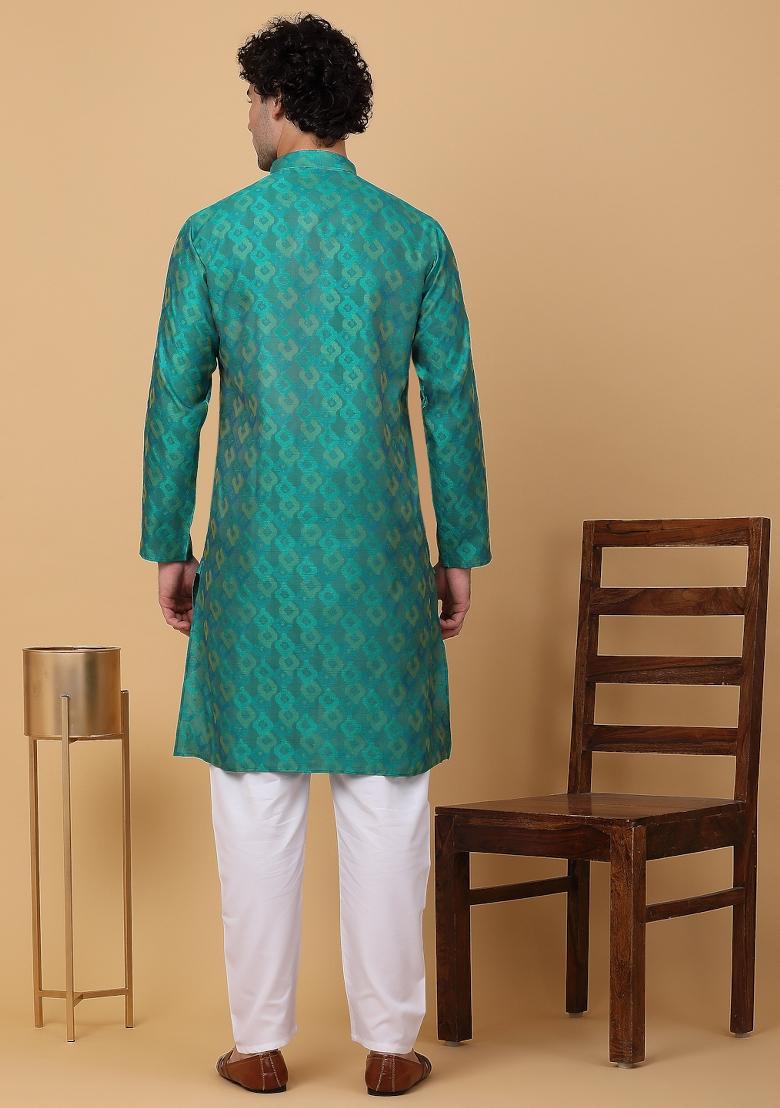 Green Woven Design Silk Blend Kurta For Men